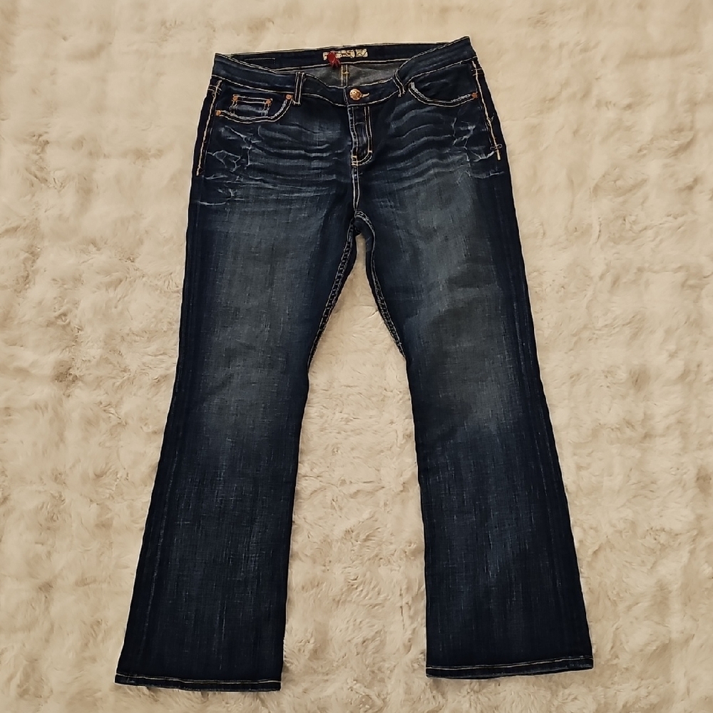 BKE Kate Distressed Whiskered Dark Blue Boot Cut Womens 34 X 34 Western Cowgirl